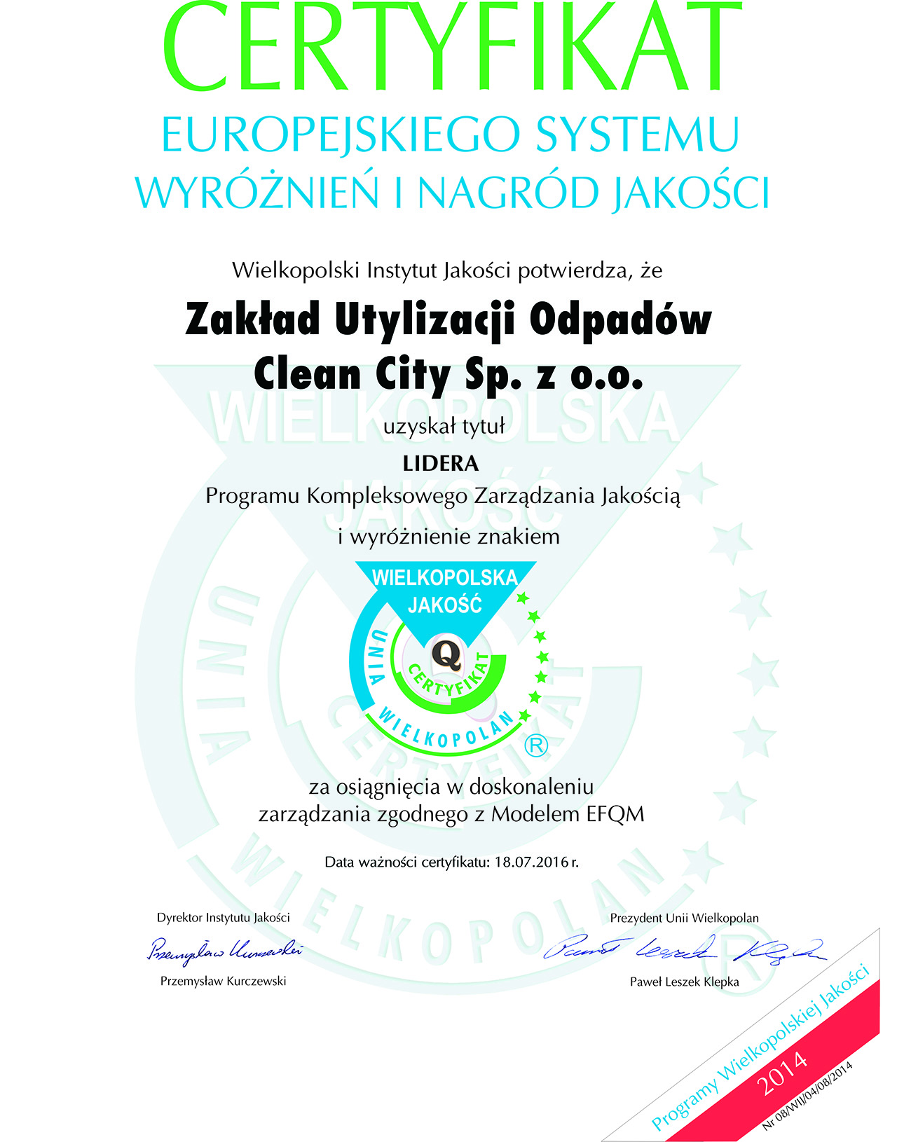 CERTYFIKAT_WIELKOPOLSKA JAKOŚĆ_Clean City_Liderr